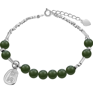 老银匠s925银和田玉手链女新中式国潮纯银碎银子无事牌和田玉串珠