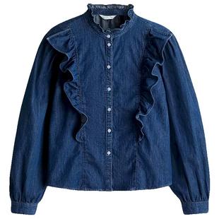 HM女装衬衫春季时尚休闲褶边宽松版柔软棉质上衣1262585