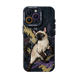 涂鸦暹罗猫适用iphone17promax手机壳16刺绣ip15苹果14plus可爱13mini猫咪12牛仔风11高级x男女xr创意xs小众8