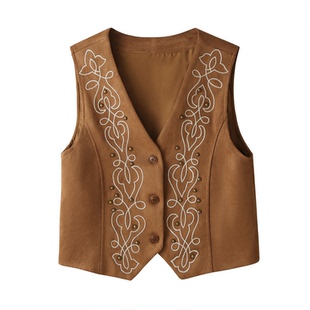 老钱风重工柳钉刺绣鹿皮绒马甲外套女新疆大草原旅游叠穿坎肩背心