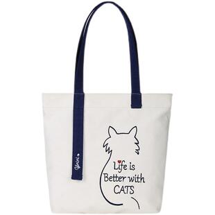 帆布包包女2026新款时尚大容量猫咪单肩包布包小个子托特包暗袋