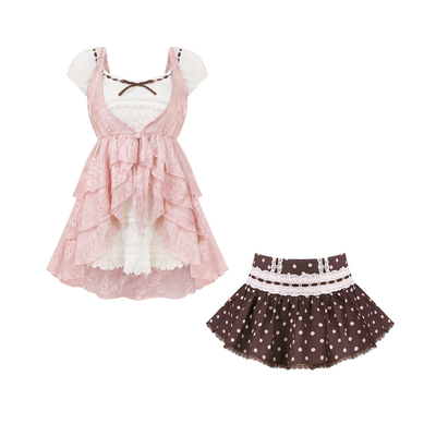 少女椰子【日常系】小春芽衣 夏季杏色假两件上衣+棕色波点半身裙