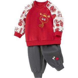 巴拉巴拉宝宝运动套装红色加绒卫衣裤子春秋款童装男童女童衣服潮