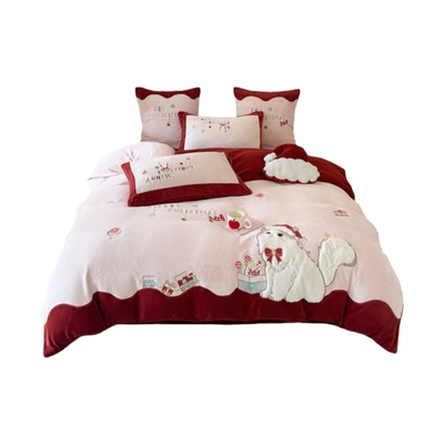 送抱枕！少女心猫咪牛奶绒四件套