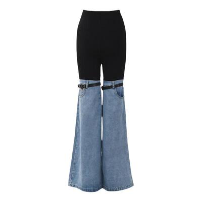 假两件设计感皮带拼接牛仔裤长裤