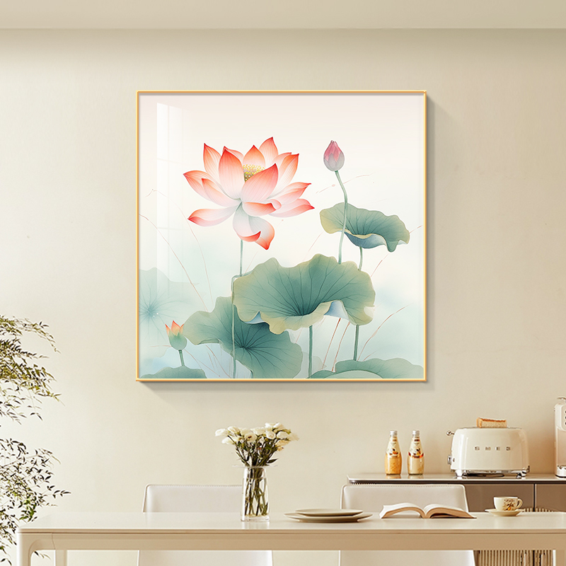 和气生财新中式餐厅装饰画正方形荷花客厅挂画茶室莲花卫生间壁画