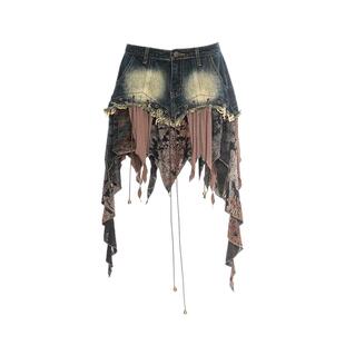 MYMIX我的组合2024秋季新款女装时尚潮流拼接深蓝牛仔短裙A字裙