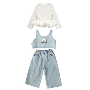 湖州织里2025女童新款三件套春秋女孩牛仔套装中小童马甲长袖衬衣