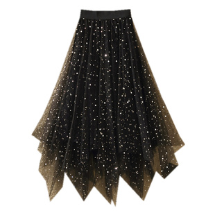 不规则金丝绒网纱半身裙春秋女中长款亮片星星纱裙春季配毛衣长裙