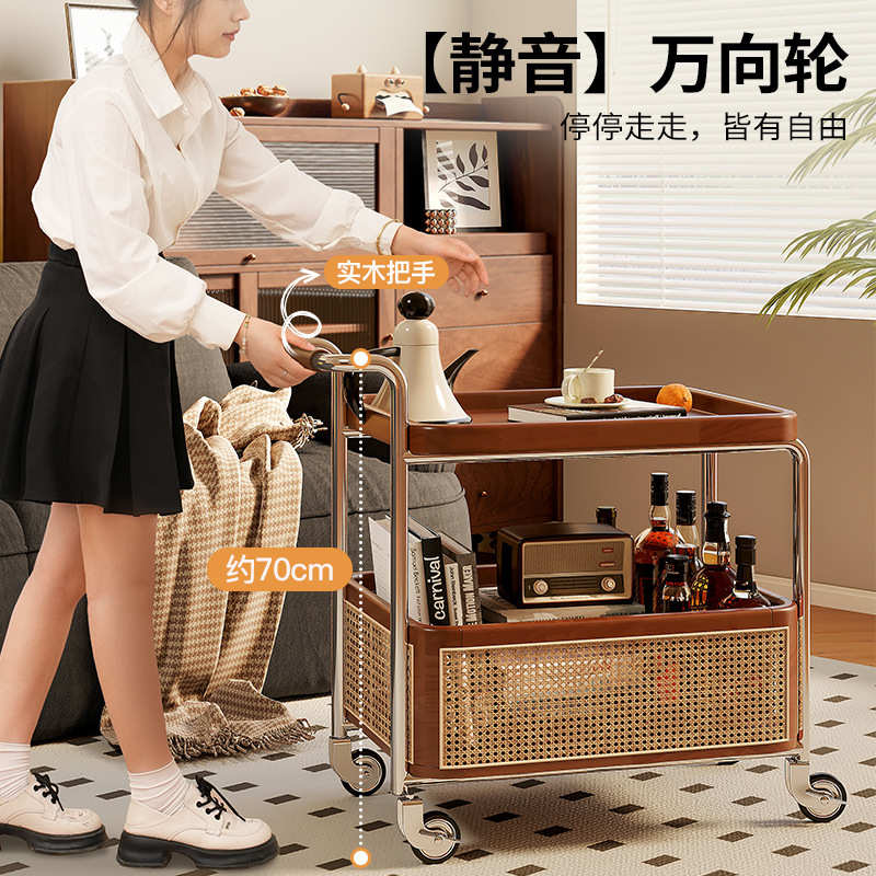 可移动边几小推车客厅沙发茶几新款中古风实木厨房收纳置物架餐车