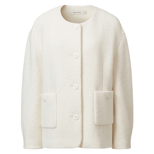 VGRASS维格娜丝春季圈圈绵羊毛圆领正肩显瘦白色千金感箱型外套女