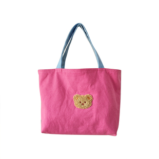 双面两用撞色手拎包可爱小熊便当包粉黄蓝妈咪包便携化妆包手腕包