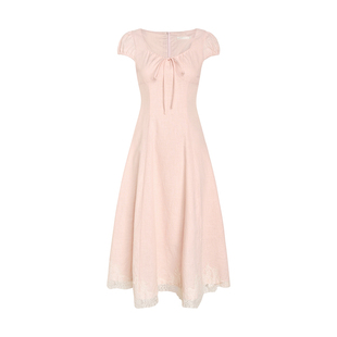 Kroche 26ss 浪漫法式 定染苎麻棉拼接蕾丝花边收腰A字短袖连衣裙