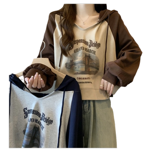 ins超火插肩长袖边帽卫衣女春秋薄款宽松小个子短款V领潮牌上衣服