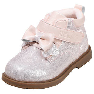 百丽童鞋冬季加绒保暖时装靴软底百搭小皮靴女童洋气蝴蝶结宝宝靴