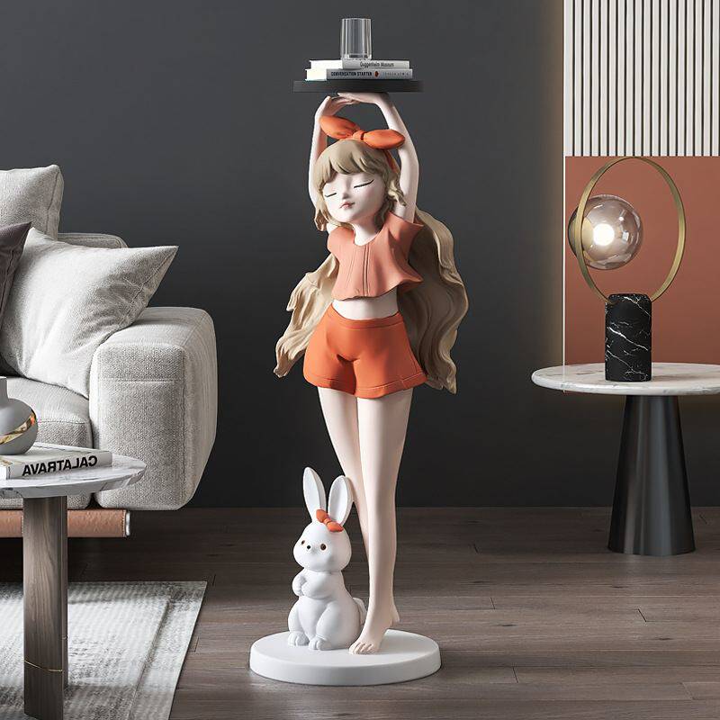 创意女孩托盘客厅摆件大型沙发旁落地新居家居物礼品好乔迁电视柜