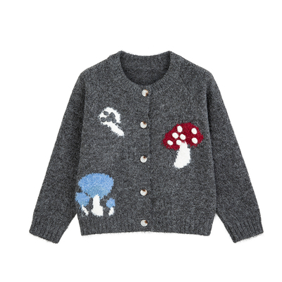 飞鸟和新酒刺绣时尚毛衣开衫女2025秋季新款灰色圆领休闲针织衫