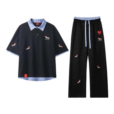 查尔斯桃心 腊肠狗拼接刺绣套装男夏季polo衫短袖休闲长裤两件套