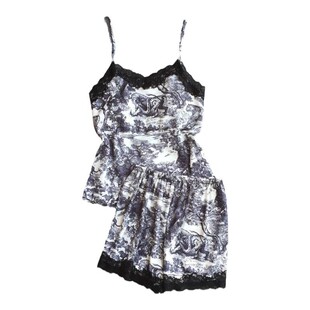 性感睡衣女冰丝印花吊带短裤两件套水墨画漏背带胸垫夏天家居服