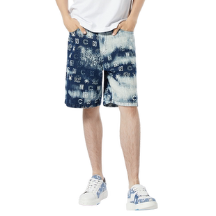 CNC男装奥莱扎染皮牌春夏新品轻奢宽松水洗牛仔短裤男款