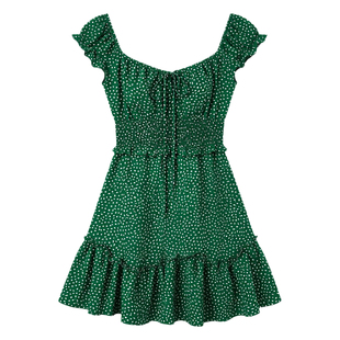 Printed Panel Lace U-Neck Short Sleeve DressU领短袖连衣裙