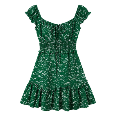 印花拼接花边U领短袖连衣裙