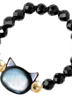 s925纯银弹力猫咪戒指黑色尖晶石