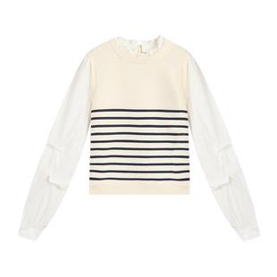 紫涵假两件撞色条纹针织马甲女春秋季新款甜美木耳领套头针织衫潮