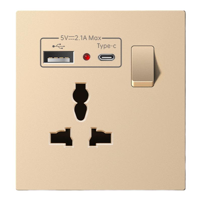 港澳版英标13A面板通用带USB+Type-C快充电掣灯制开关电插座金色