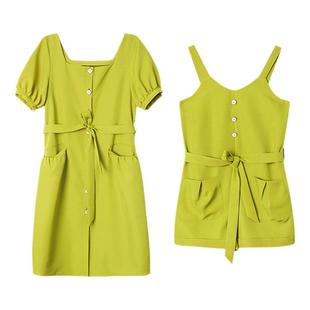 裤子女夏2025新款复古方领牛油果绿色连衣裙连体裤不一样的闺蜜装