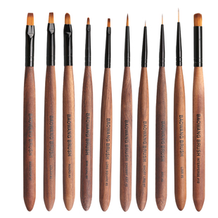 10支美甲笔刷工具套装胡桃木本色底胶封层色胶圆头平口彩绘格纹笔