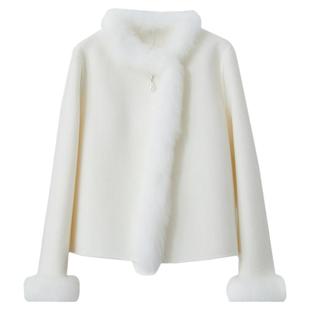 Amii新中式圆领双面呢大衣女冬2024新款国风狐狸毛领宽松毛呢外套