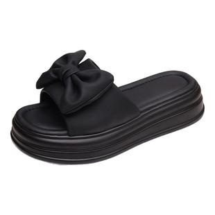 品牌正品真皮踩屎感厚底凉拖鞋女2025新款夏外穿百搭蝴蝶结一字拖