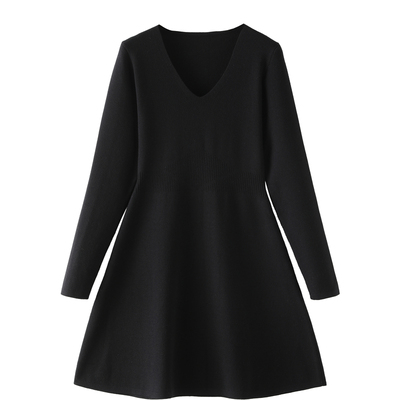 法式黑色毛线V领连衣裙中长款