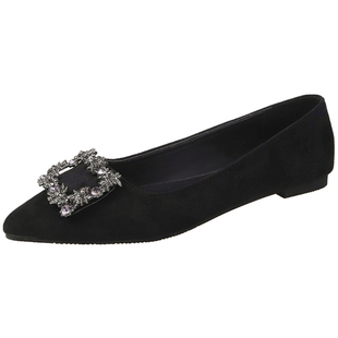 绒面平底水钻方扣单鞋女2025新款浅口尖头软底百搭黑色职业工作鞋