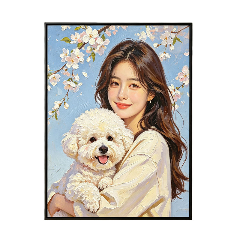 定制宠物主人合影猫咪狗狗人物手绘肖像画客厅卧室装饰画纪念礼物