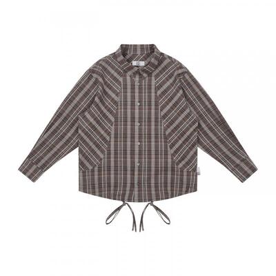 EMPTY REFERENCE 起皱格纹分割抽绳下摆纽扣领休闲衬衣长袖衬衫