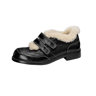 真皮羊毛魔术贴加绒乐福鞋女冬季棉鞋双扣带保暖毛毛鞋低跟小皮鞋