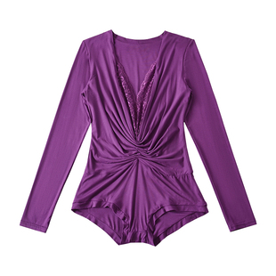 YoungGirlDay 纯欲风性感深V蕾丝拼接褶皱收腰显瘦长袖连体衣短裤