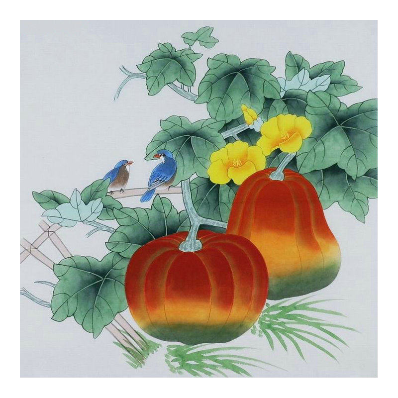 手绘工笔画柿子蔬菜水果南瓜寿桃