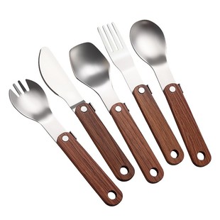 西纹304不锈钢刀叉勺筷子折叠餐具胡桃木手柄式户外露营餐具套装