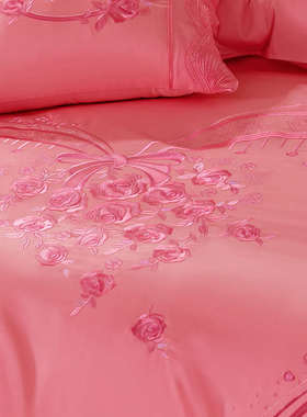 140s支全棉婚庆四六十件套粉红色喜被子结婚刺绣蕾丝婚房床上用品