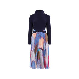 MARYLING玛俪琳秋季新品雪纺印花压褶羊毛连衣裙A1DGW62100