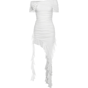 KLIOU 纯欲茶系设计感荷叶边拼接抹胸连衣裙女气质小众不规则短裙