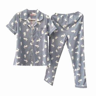 莉安琪新款短袖长裤针织纯棉印卡通小兔睡衣女家居服