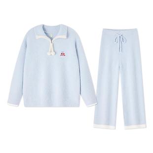 BE半边绒睡衣女冬季加绒加厚珊瑚绒家居服套装可外穿秋冬款冬天冬