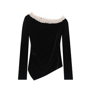 爱西里法式黑色丝绒衬衫女冬季新款高级感洋气减龄斜肩小衫上衣