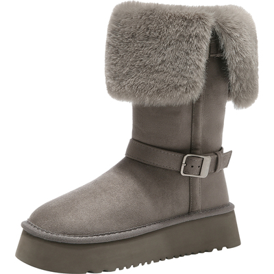 小个子厚底加绒加厚保暖中长筒内增高灰色雪地靴女2025冬新款棉鞋