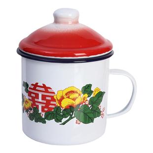 搪瓷杯怀旧经典马克杯双喜糖加厚带盖泡面杯瓷杯大容量老式铁茶缸