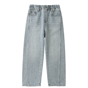 女童加绒弯刀裤牛仔裤2026新款洋气满天星烫钻中大童时髦休闲裤子